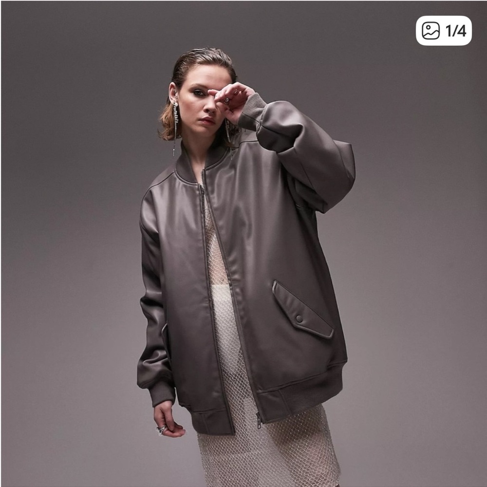 Top shop Brown Oversized Women's Faux Leather Bomber Jacket